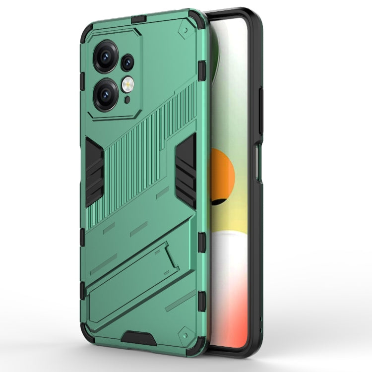 Green rugged phone case with black accents and textured armor-style design for shock protection.