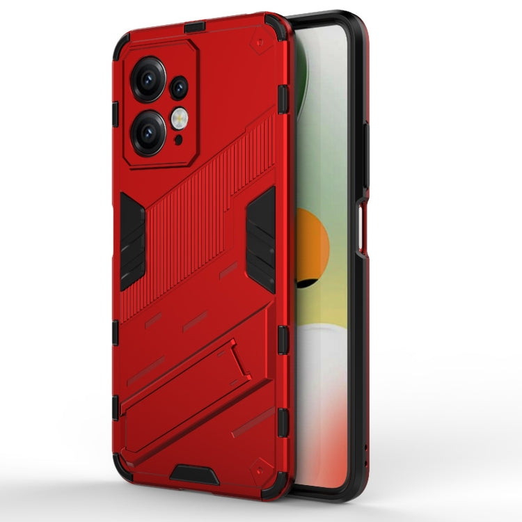 Red rugged phone case with black accents and textured armor-style design for shock protection.