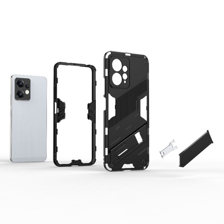Rugged black phone case with stand and included pieces for easy installation