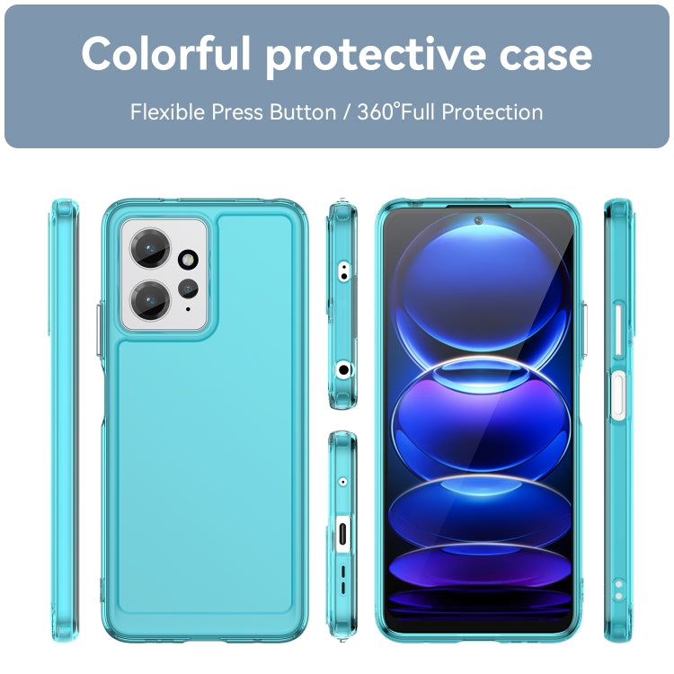Transparent blue TPU phone case with side button cutouts and dual camera openings