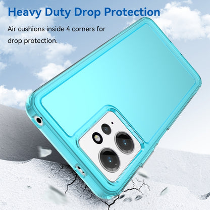 Transparent blue TPU phone case with raised corner edge and dual camera cutout