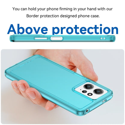Transparent blue TPU phone case with slim border and dual camera cutout
