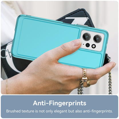 Transparent blue TPU phone case in hand with dual camera cutout and edge coverage