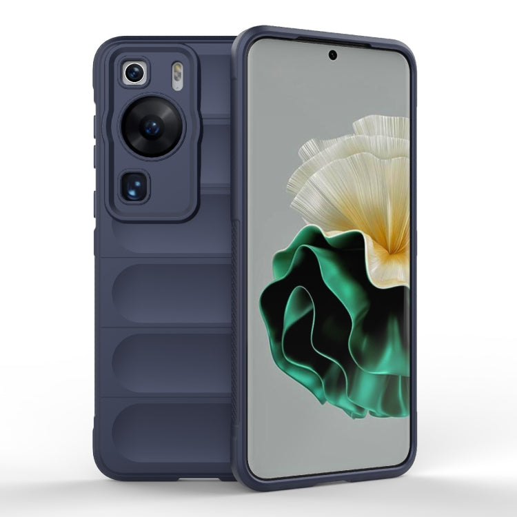 Dark blue phone case, TPU with flannel lining; raised camera and port cutouts