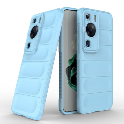 Light blue phone case, TPU with flannel lining; raised camera and port cutouts