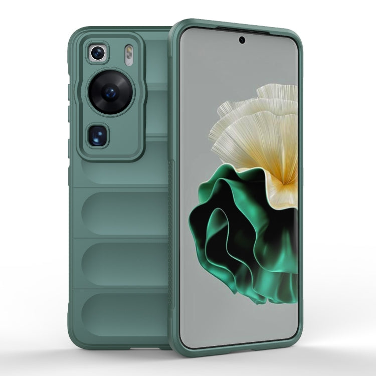 Dark green phone case, TPU with flannel lining; raised camera and port cutouts