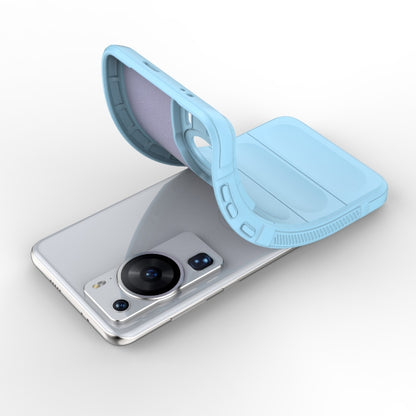 Light blue TPU phone case with flannel lining, open cover with camera cutouts