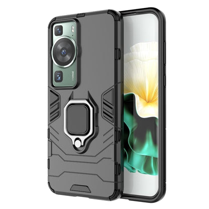 Shockproof phone case with magnetic ring holder, black rugged TPU/PC