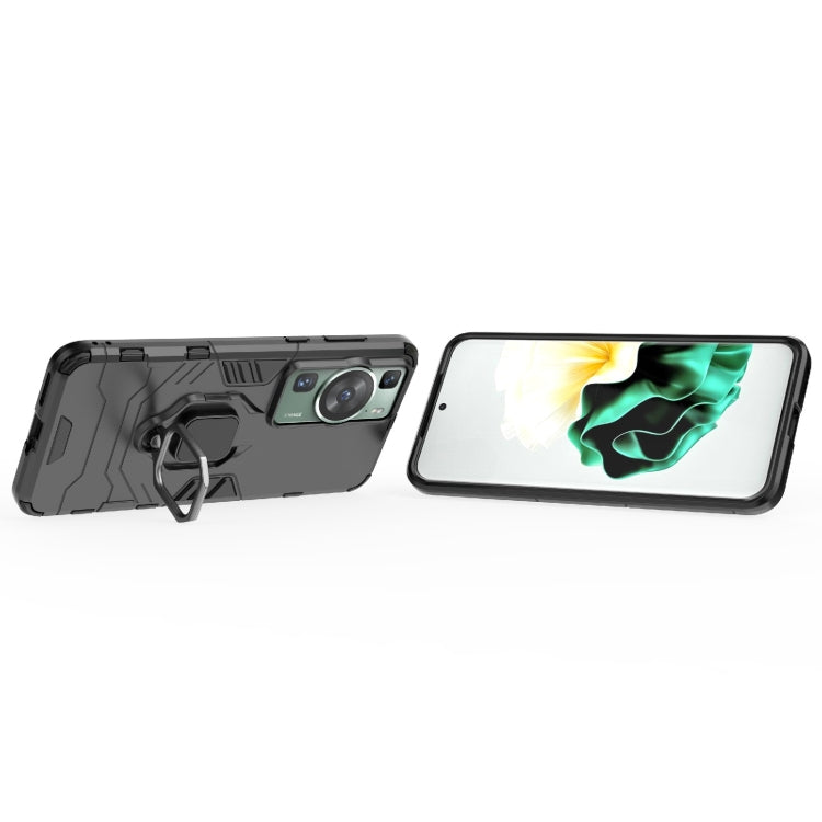 Shockproof phone case with magnetic ring holder, black, side and back view