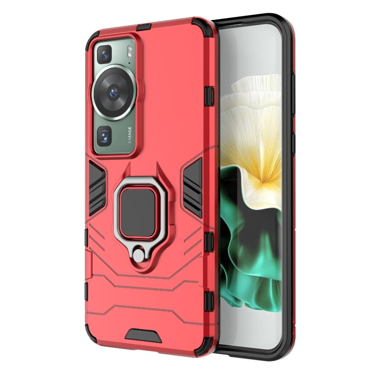 Shockproof phone case with magnetic ring holder, red rugged TPU/PC