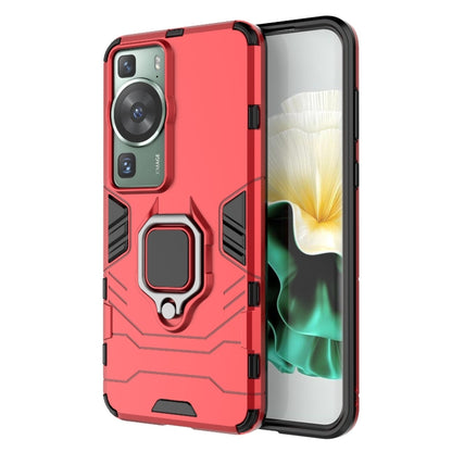 Shockproof phone case with magnetic ring holder, red rugged TPU/PC