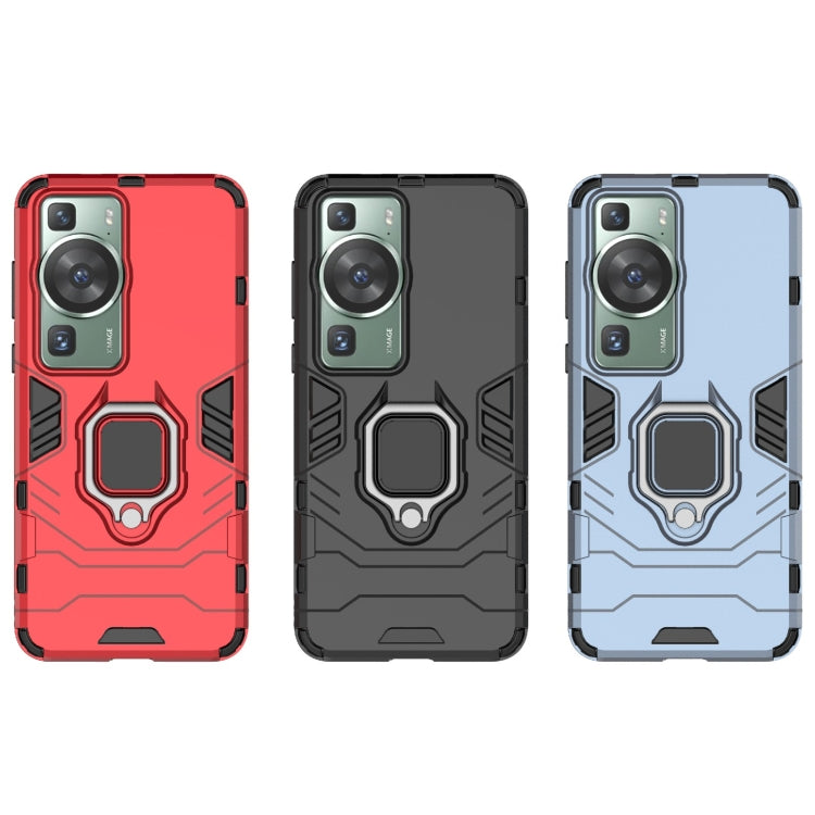 Shockproof phone cases with magnetic ring holders in red, black, and light blue