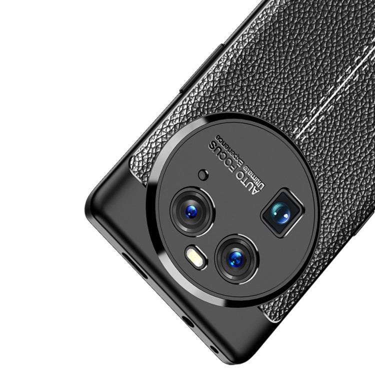 Black litchi-texture shockproof TPU phone case with circular camera bump and ports