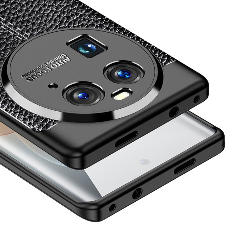 Black litchi-texture shockproof TPU phone case close-up with camera lenses and side buttons