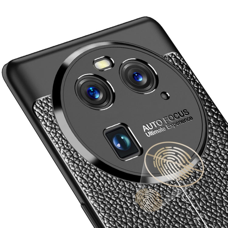 Black litchi-texture shockproof TPU phone case with fingerprint-style cutout and camera lenses