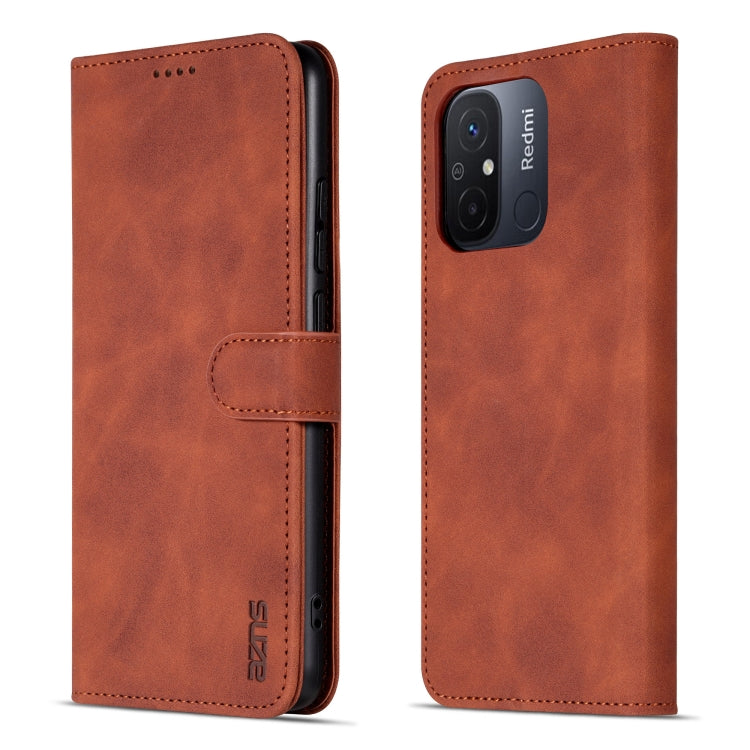 Brown flip leather phone case with magnetic flap and stitched edge, front and back.
