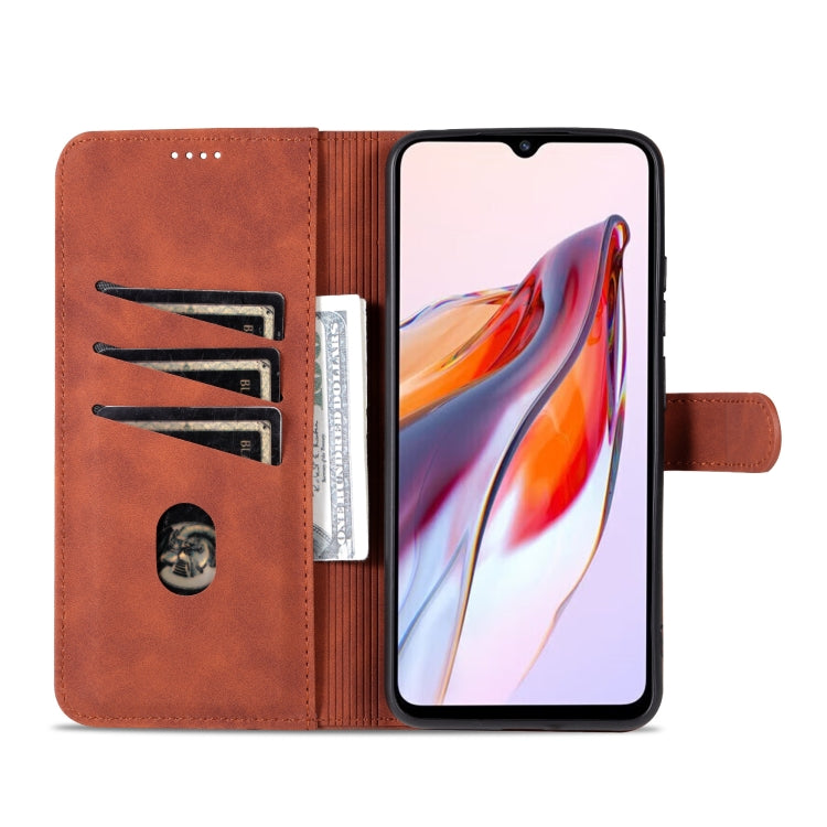 Brown flip leather phone case with inside card compartments and kickstand cover.