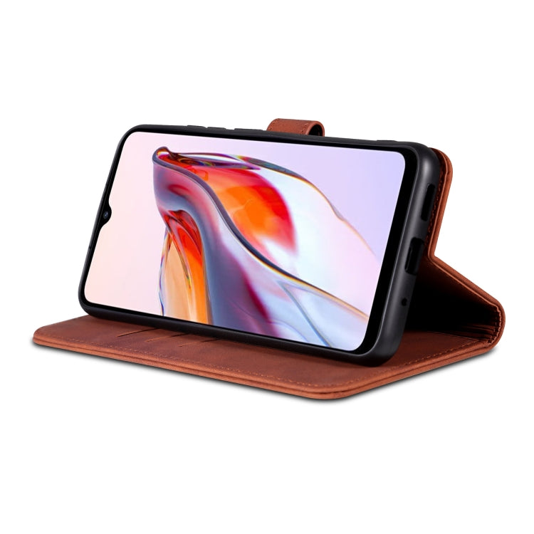 Brown flip leather phone case with stand mode, holding a smartphone on the cover.