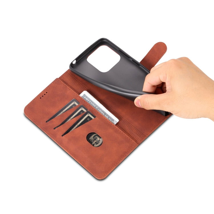 Brown flip leather phone case with inside slots and holder, shown with raised flap.