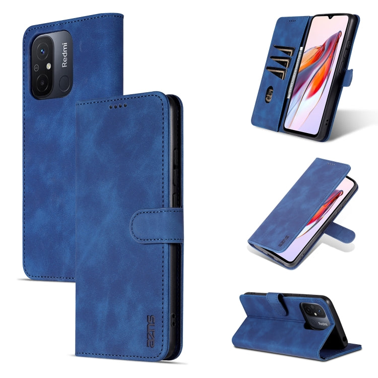 Blue flip leather phone case with card slot and magnetic flap, stand-ready design.