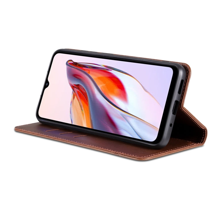 Dark brown flip leather phone case standing for viewing at an angle