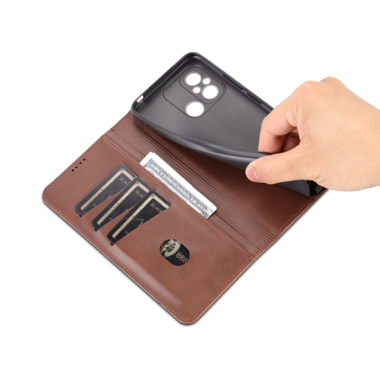 Dark brown folio phone case with hand opening cover and visible card compartments