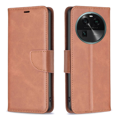 Brown lambskin leather phone case with folio flap, stitched edges, and camera cutout.