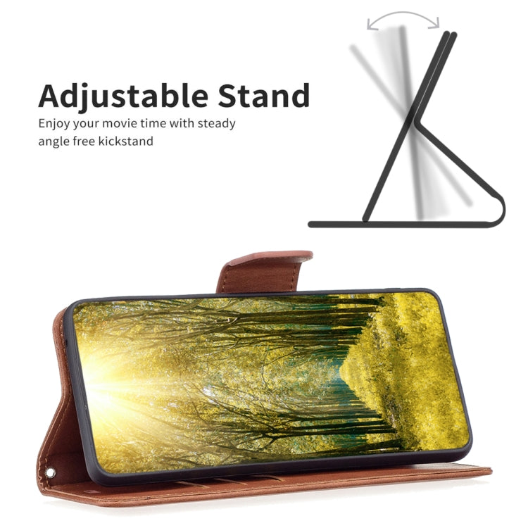 Brown leather phone case with kickstand support and angled viewing position.