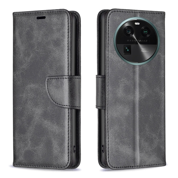 Black lambskin leather folio phone case with camera cutout and stitched flap.