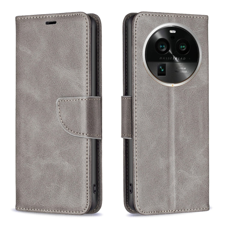 Grey leather phone case with flip cover and stitched seams, camera cutout window