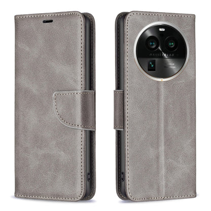 Grey leather phone case with flip cover and stitched seams, camera cutout window