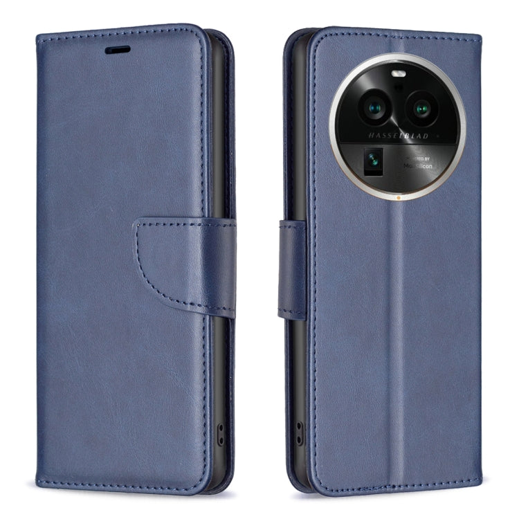 Blue leather phone case with flip cover, side strap tab, and camera cutout window