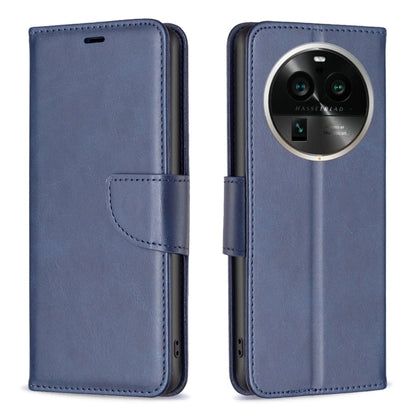 Blue leather phone case with flip cover, side strap tab, and camera cutout window