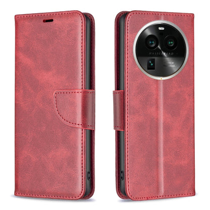 Red leather phone case with flip cover, stitched seams, and camera cutout window