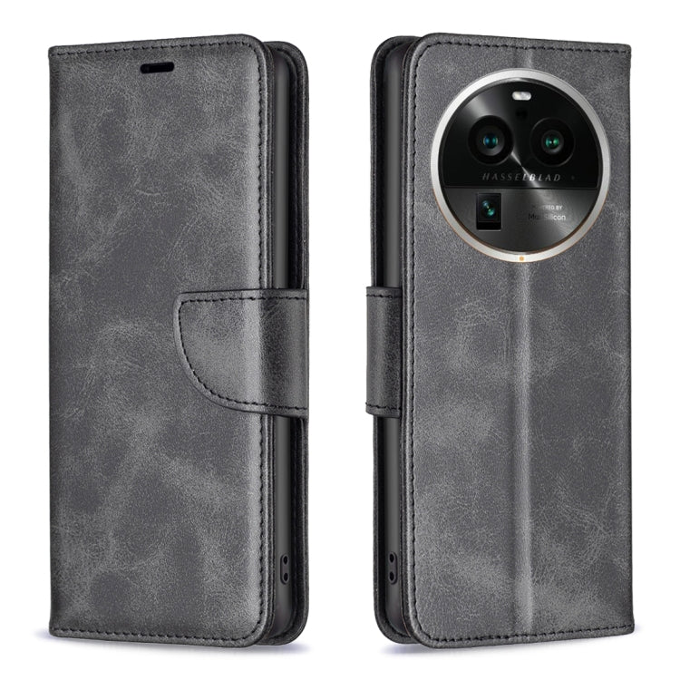 Black leather phone case with flip cover and stitched seams, camera cutout window