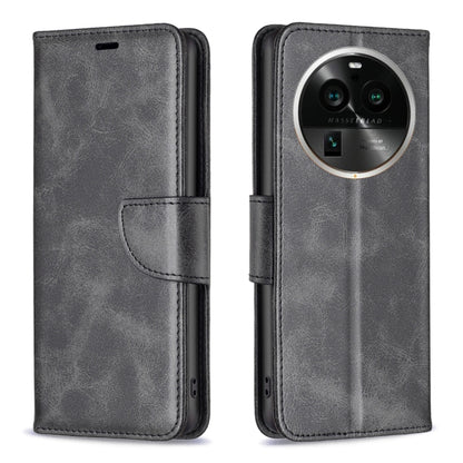 Black leather phone case with flip cover and stitched seams, camera cutout window