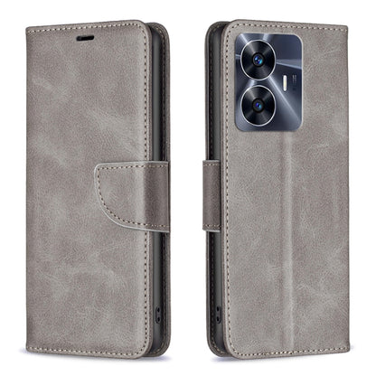 Grey leather phone case with flip cover and side strap, protective camera opening