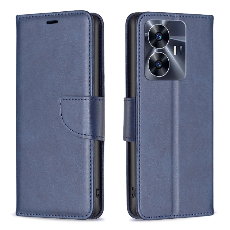 Blue leather phone case with flip cover and side strap, protective camera opening
