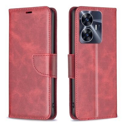 Red leather phone case with flip cover and side strap, protective camera opening