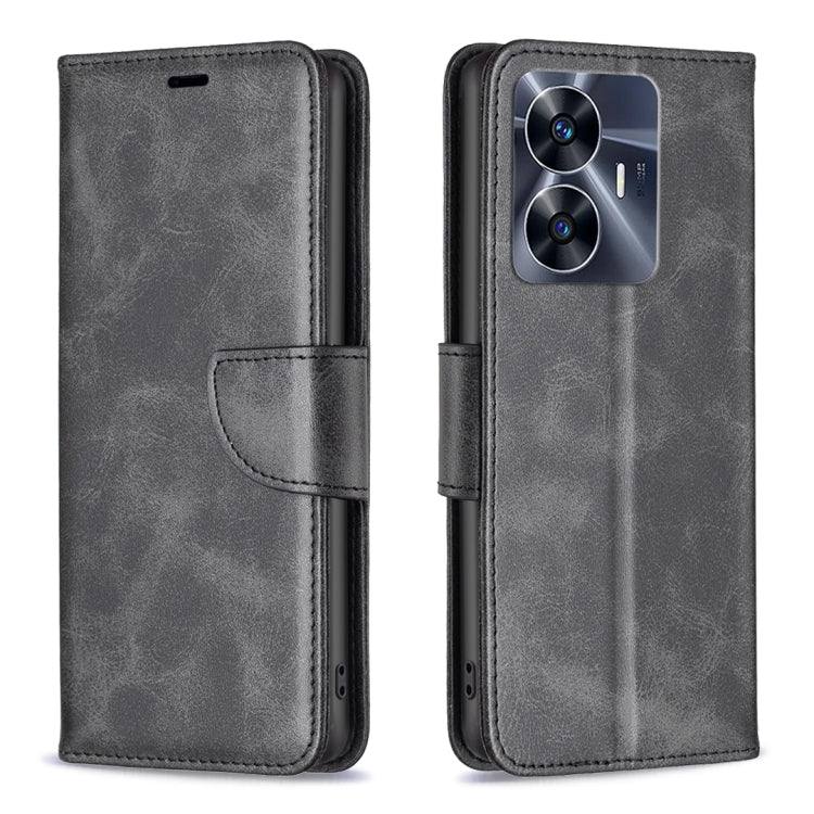 Black leather phone case with flip cover and side strap, protective camera opening