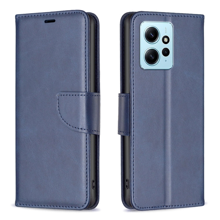 Blue lambskin folio phone case with side strap and card holder; cutouts for camera and ports