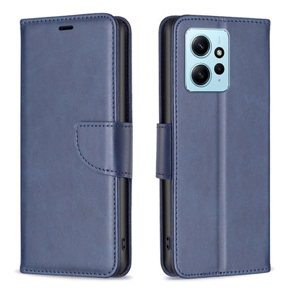 Blue lambskin folio phone case with side strap and card holder; cutouts for camera and ports