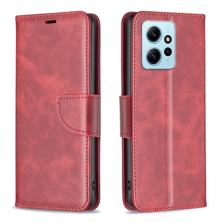 Red lambskin folio phone case with folio flap and card holder; camera and port cutouts