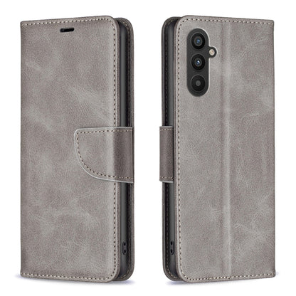 Light grey lambskin folio phone case with side strap and card holder; camera cutout