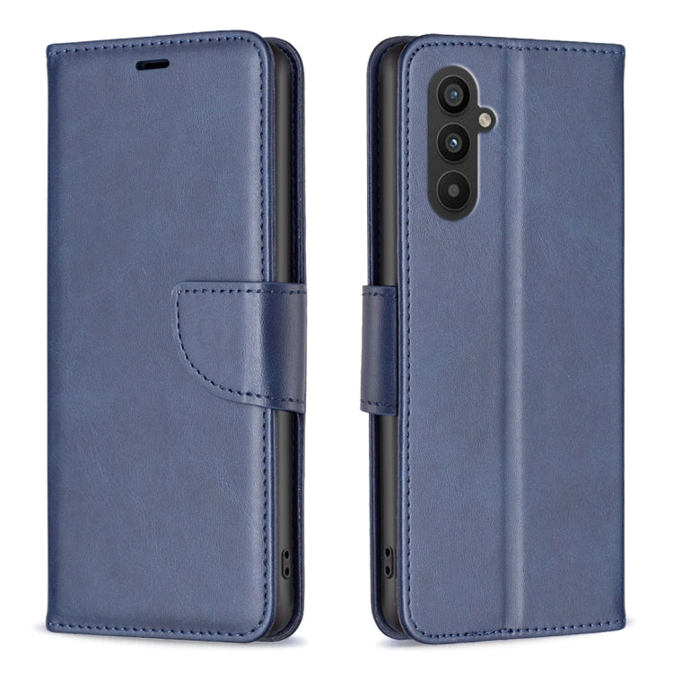 Navy blue lambskin folio phone case with side strap and card holder; camera cutout