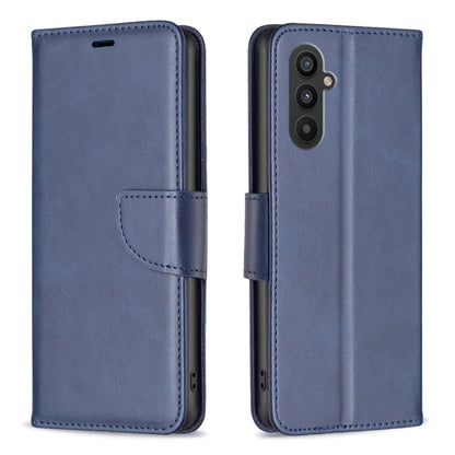 Navy blue lambskin folio phone case with side strap and card holder; camera cutout