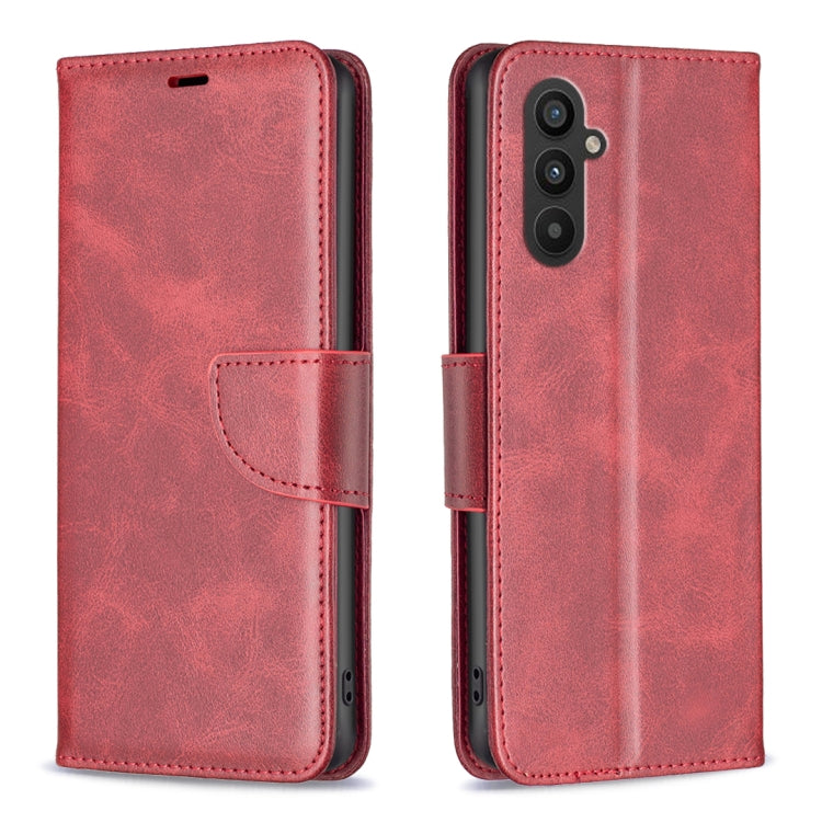 Red lambskin folio phone case with side strap and card holder; camera cutout