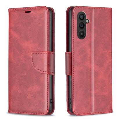 Red lambskin folio phone case with side strap and card holder; camera cutout