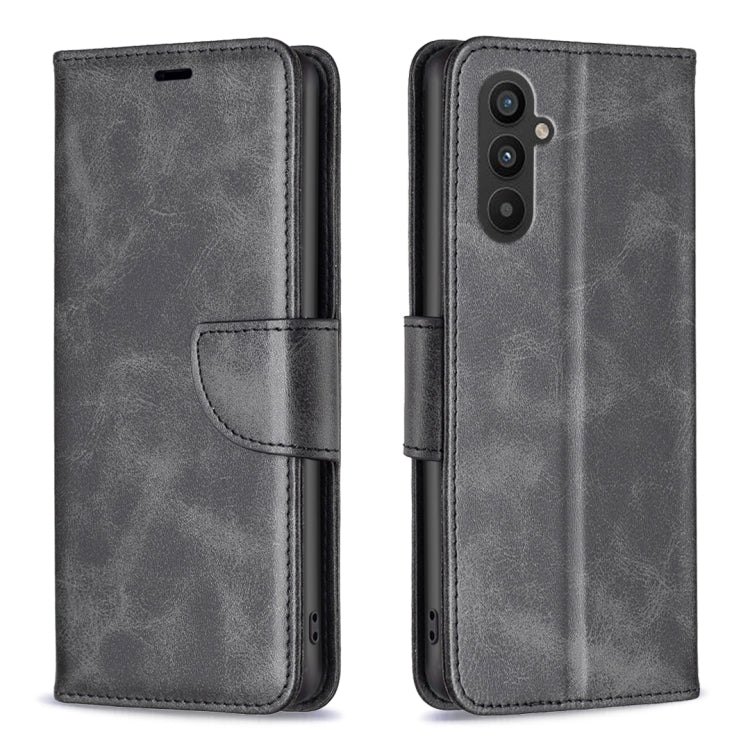 Dark grey/black lambskin folio phone case with side strap and card holder; camera cutout