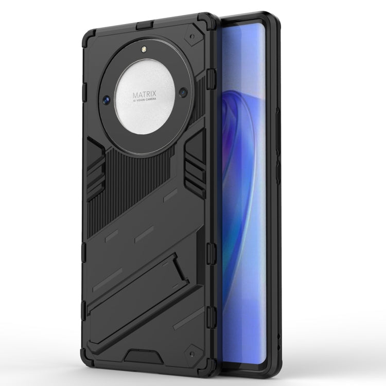 Black rugged phone case with PC shell, TPU bumper, and built-in holder stand